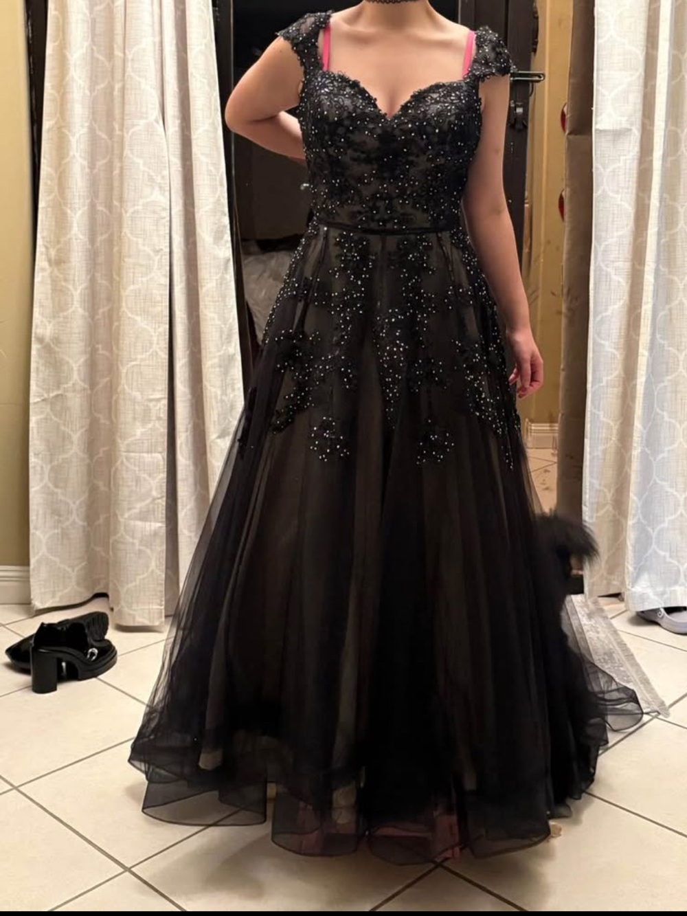 Black Beaded Tulle Evening Gown - Women's Formal Dress